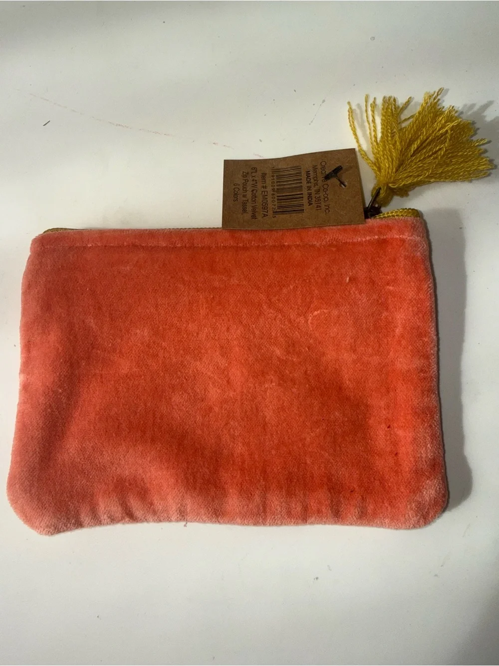 Creative Co-Op Velvet Zip Pouch with Mustard Tassel - Coral